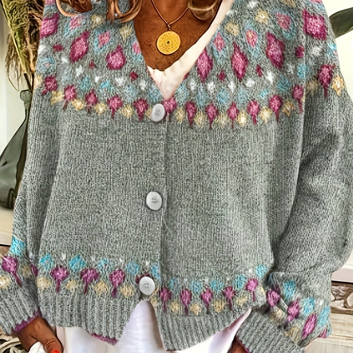 Women's Oversized Floral Cardigan - Grey