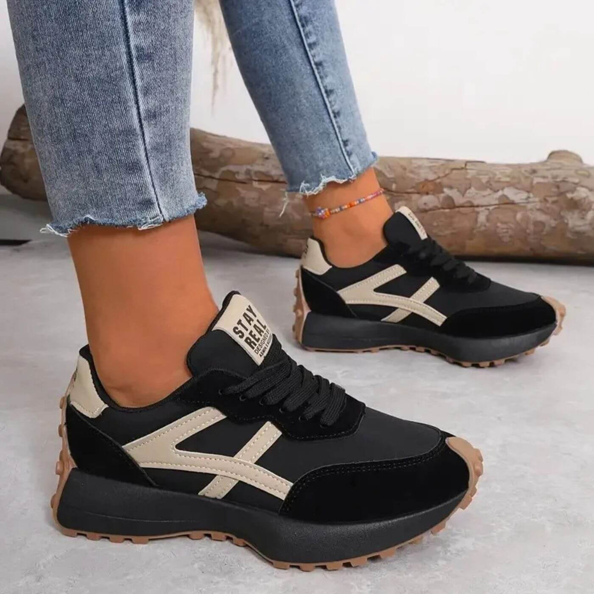 Women's Platform Sneakers - Black / Beige