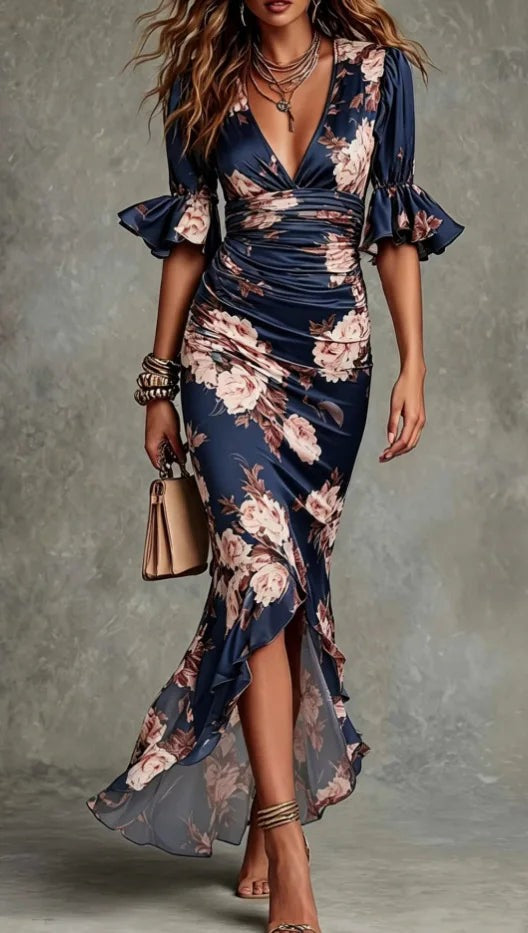 Floral Ruched Maxi Dress - Blue