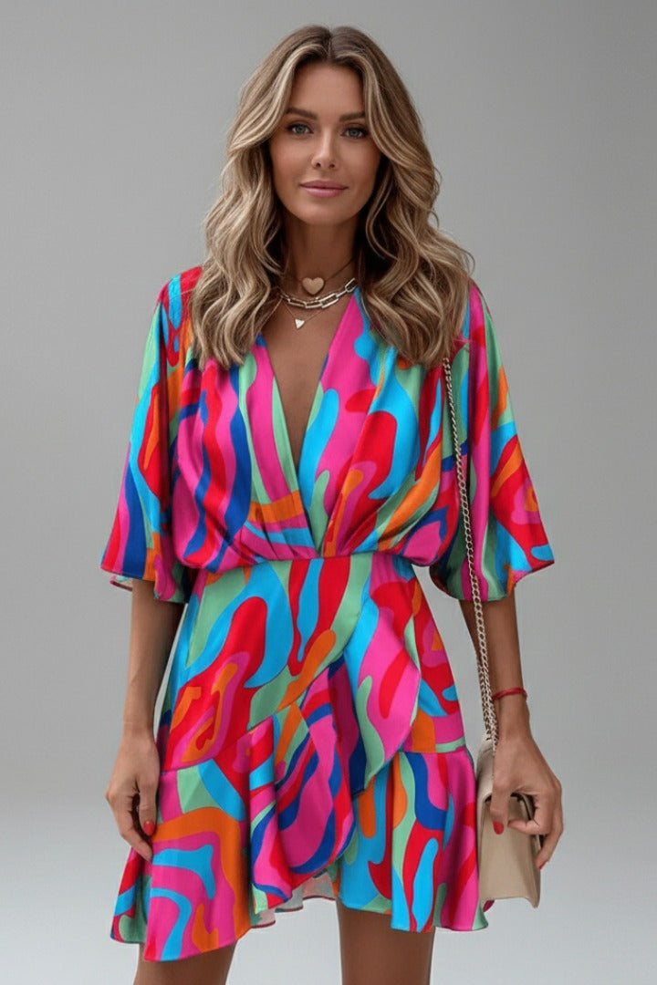 Printed Wrap Mini Dress - Multicoloured