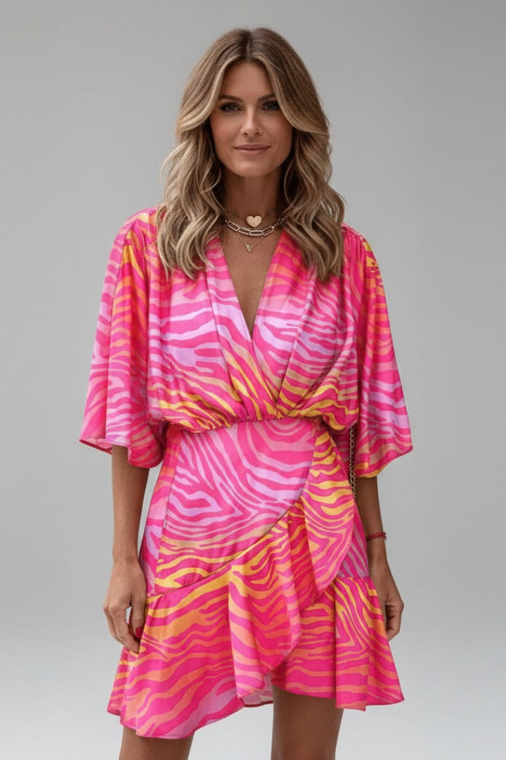 Printed Wrap Mini Dress - Pink