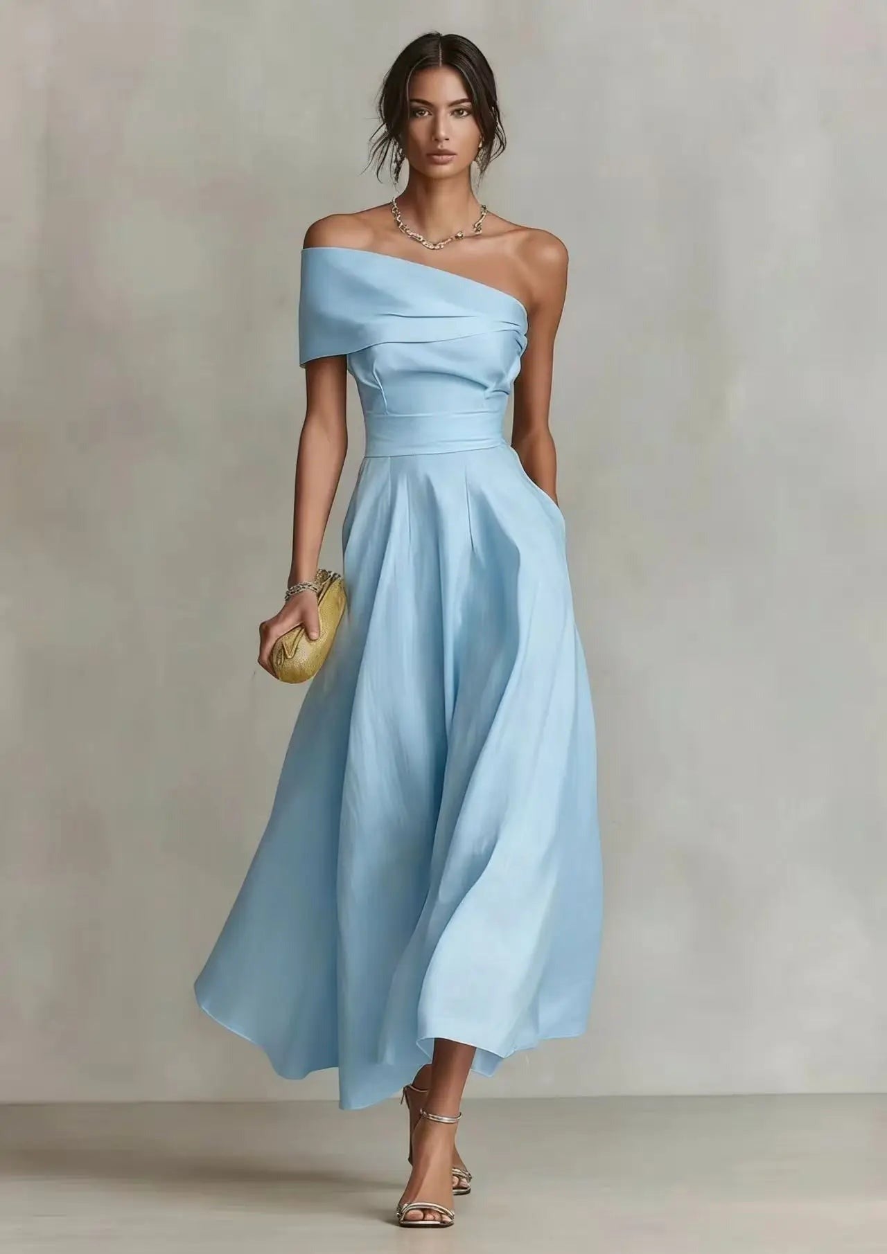 One Shoulder Formal Maxi Dress - Light Blue