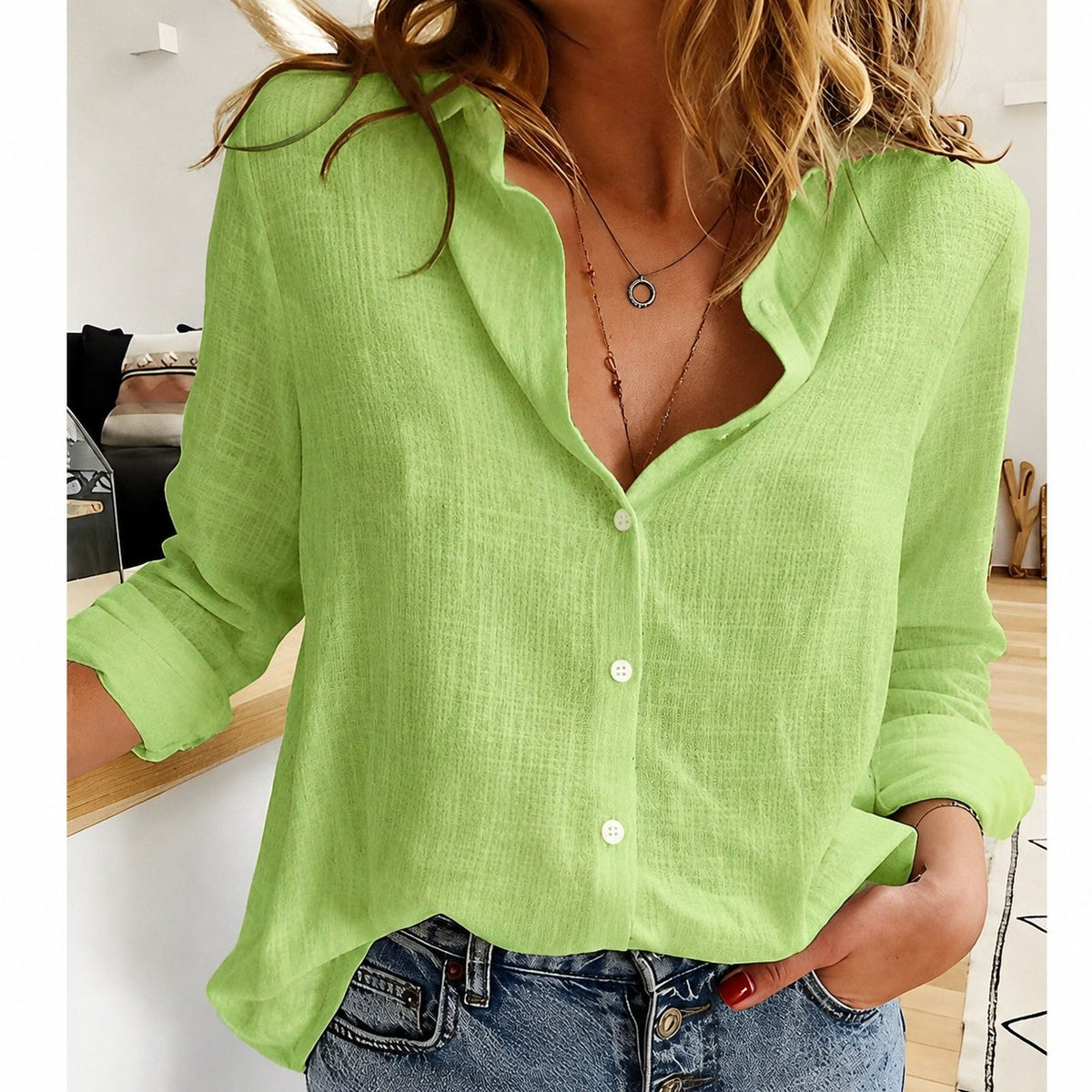 Women's V-Neck Blouse - Green