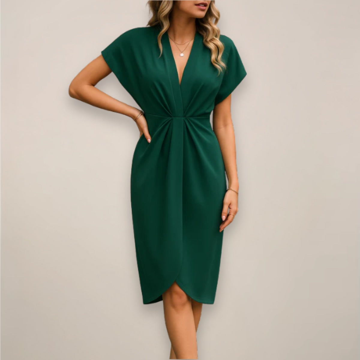 Ruched Wrap Midi Dress - Dark Green
