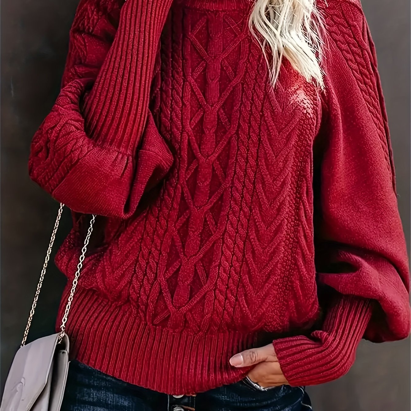 Women's Cable Knit Mock Neck Sweater - Red