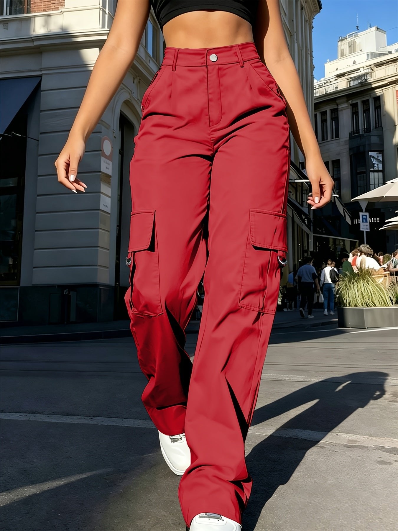 Women's High-Waisted Wide-Leg Cargo Pants - Red
