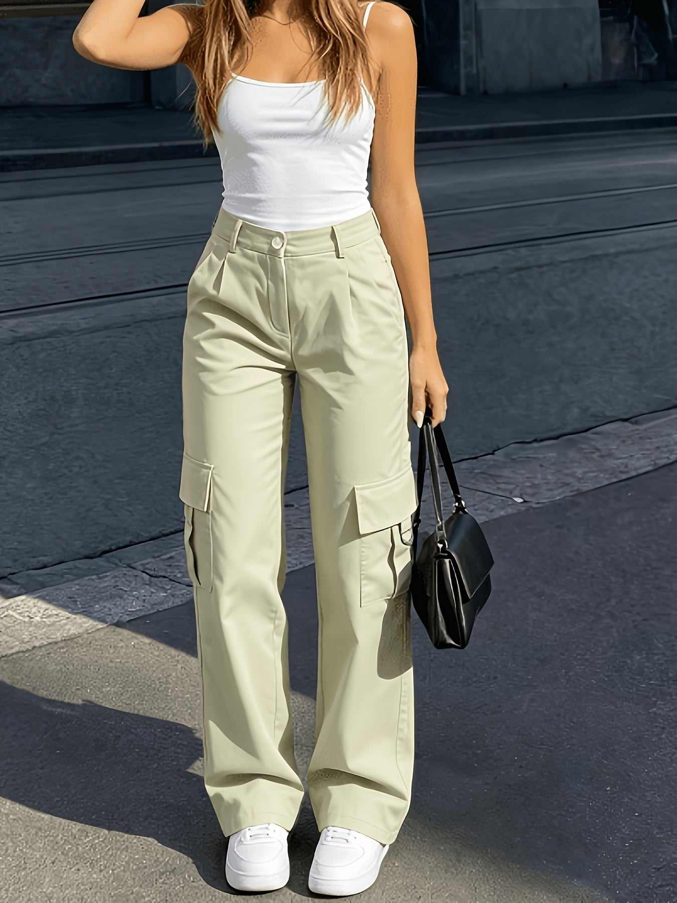 Women's High-Waisted Wide-Leg Cargo Pants - Cream