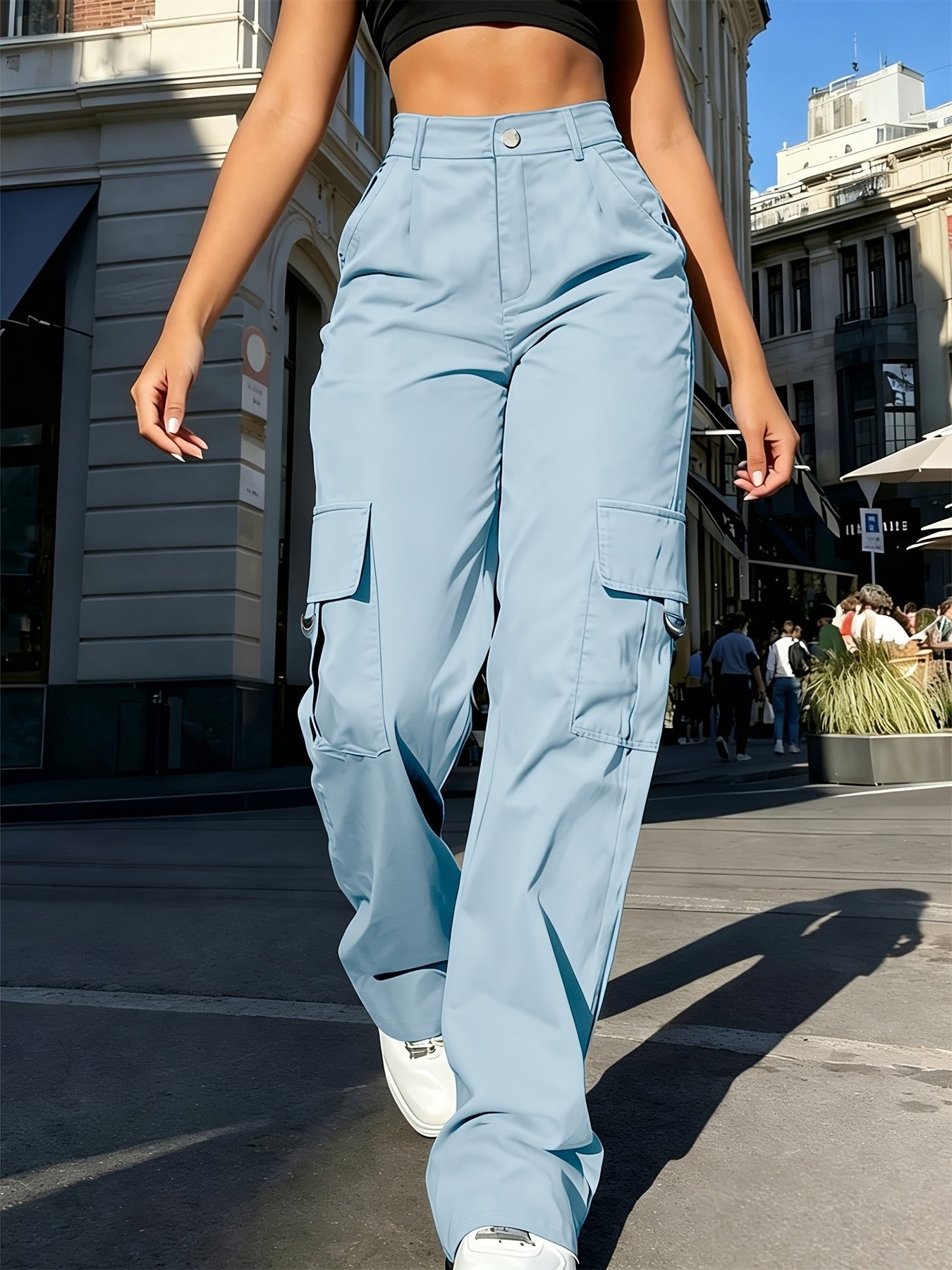 Women's High-Waisted Wide-Leg Cargo Pants - Light Blue