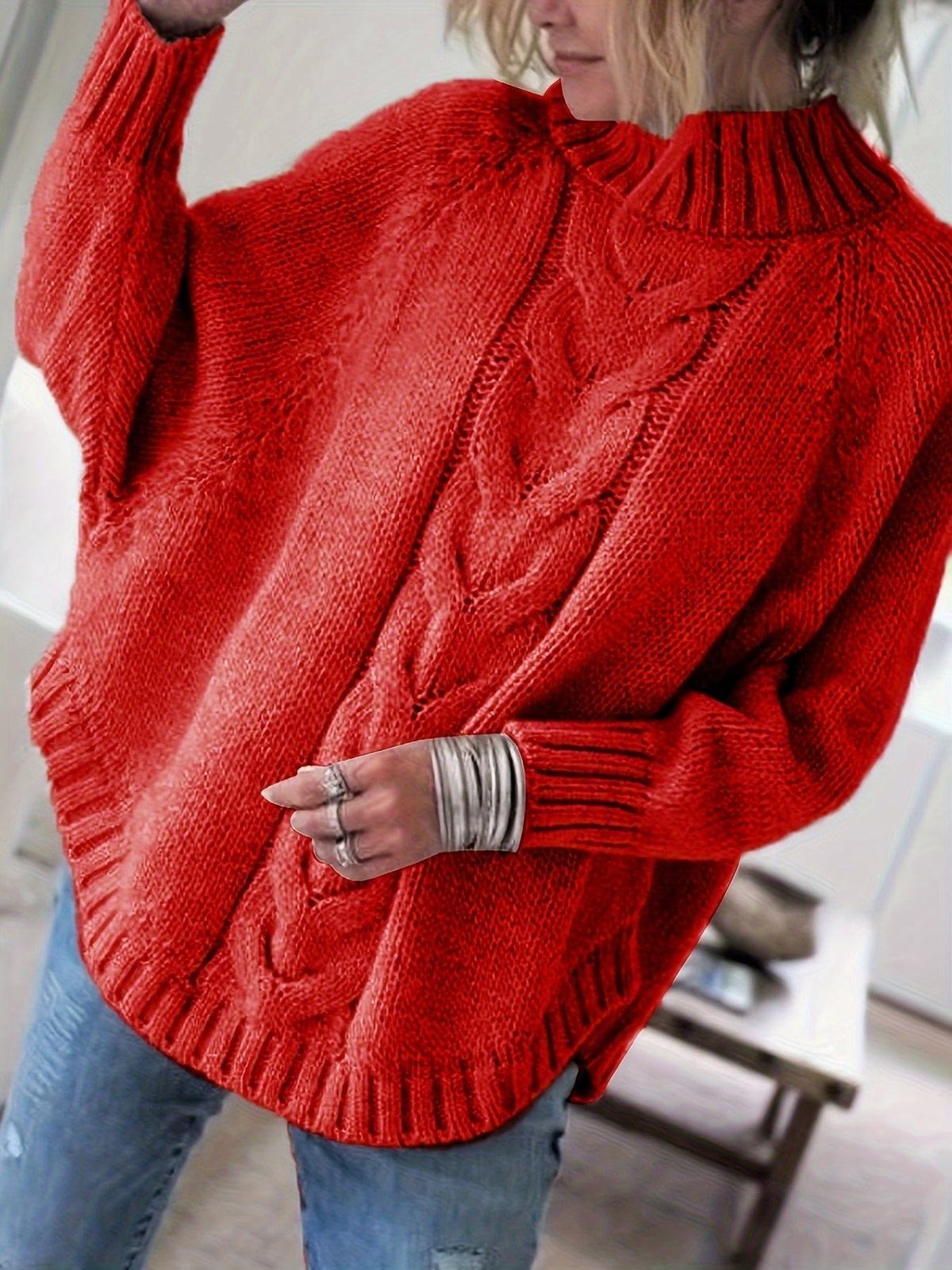 Women's Oversized Cable-Knit Turtleneck Sweater