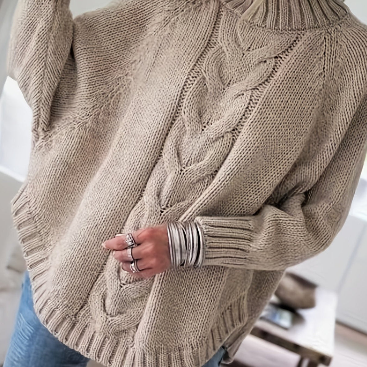 Women's Oversized Cable-Knit Turtleneck Sweater - Khaki