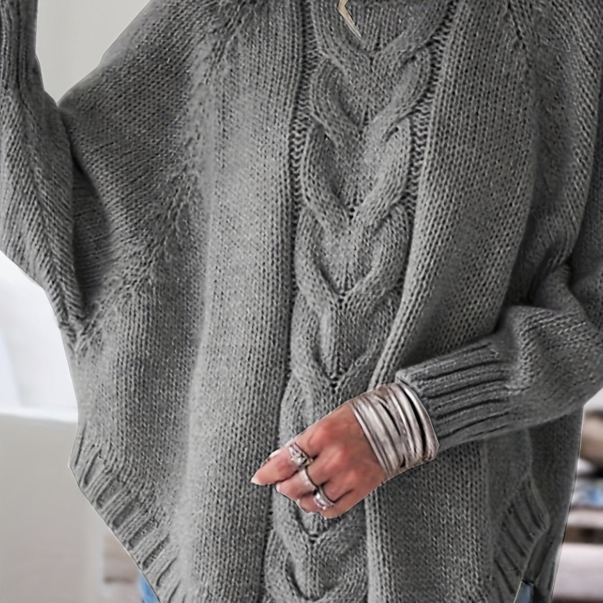 Women's Oversized Cable-Knit Turtleneck Sweater - Dark Grey