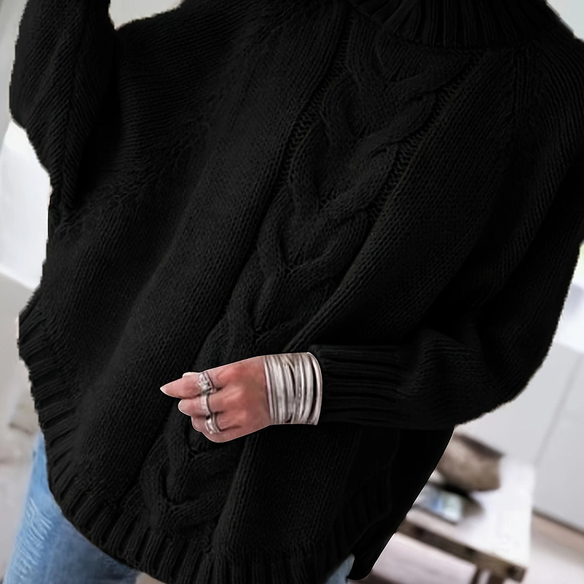 Women's Oversized Cable-Knit Turtleneck Sweater - Black