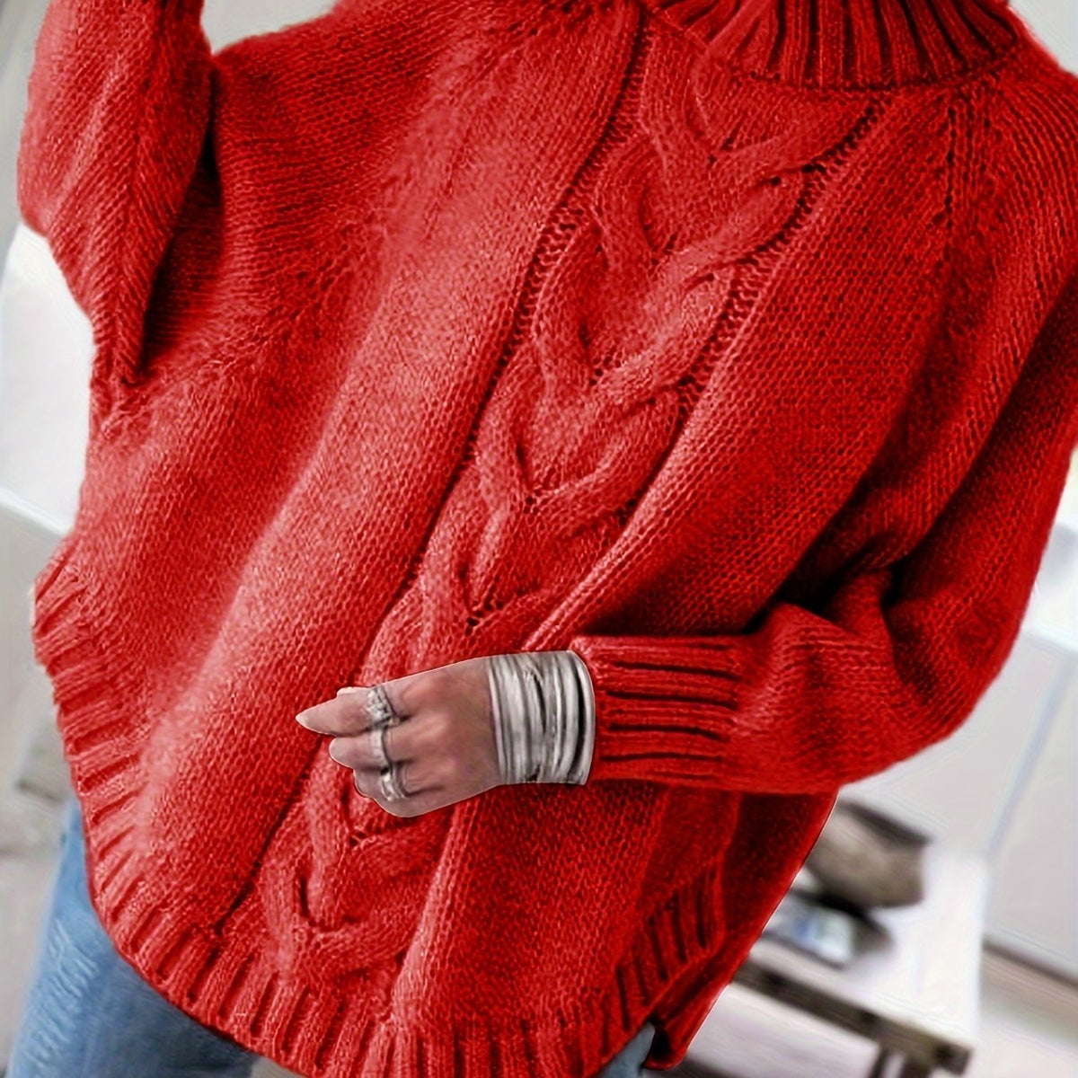 Women's Oversized Cable-Knit Turtleneck Sweater - Red