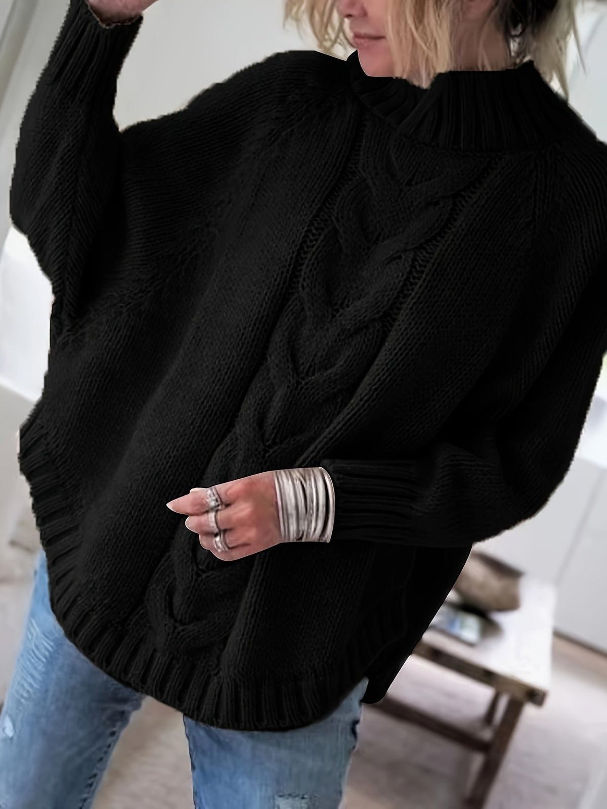 Women's Oversized Cable-Knit Turtleneck Sweater