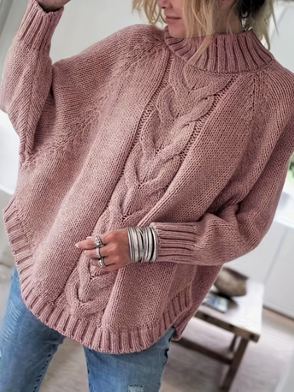 Women's Oversized Cable-Knit Turtleneck Sweater