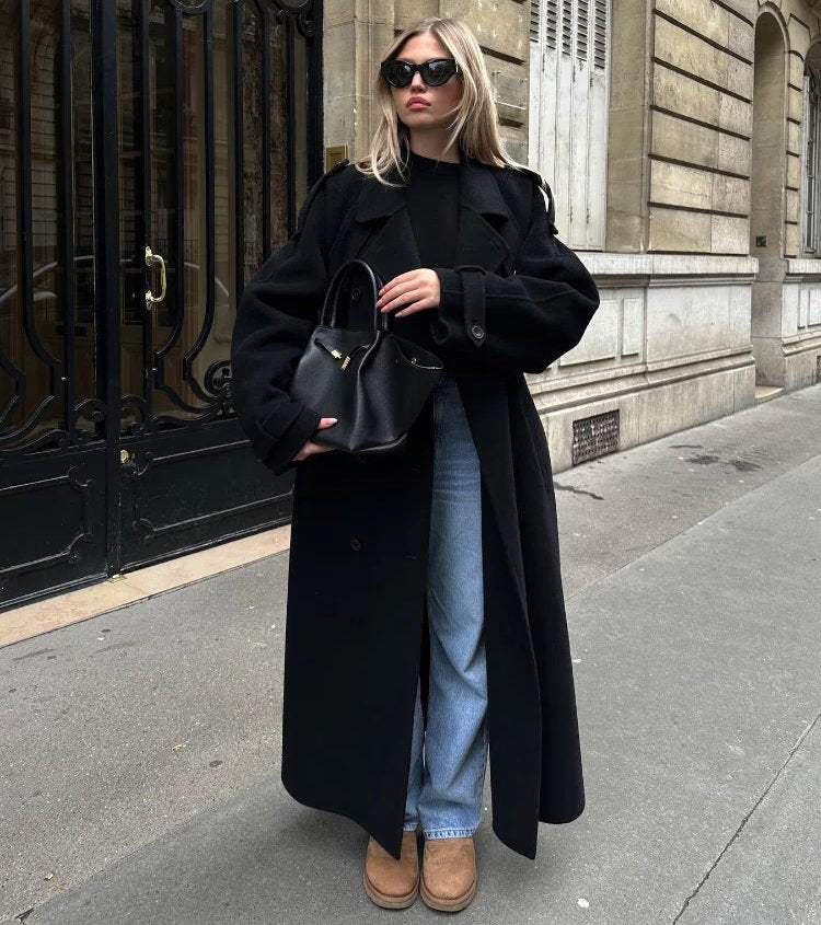 Women's Oversized Wool Trench Coat - Black