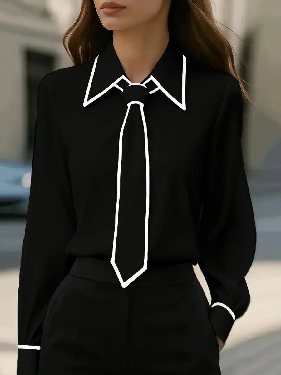 Women's Work Satin Tie-Neck Blouse - Black