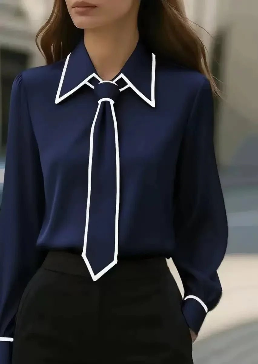 Women's Work Satin Tie-Neck Blouse - Navy Blue