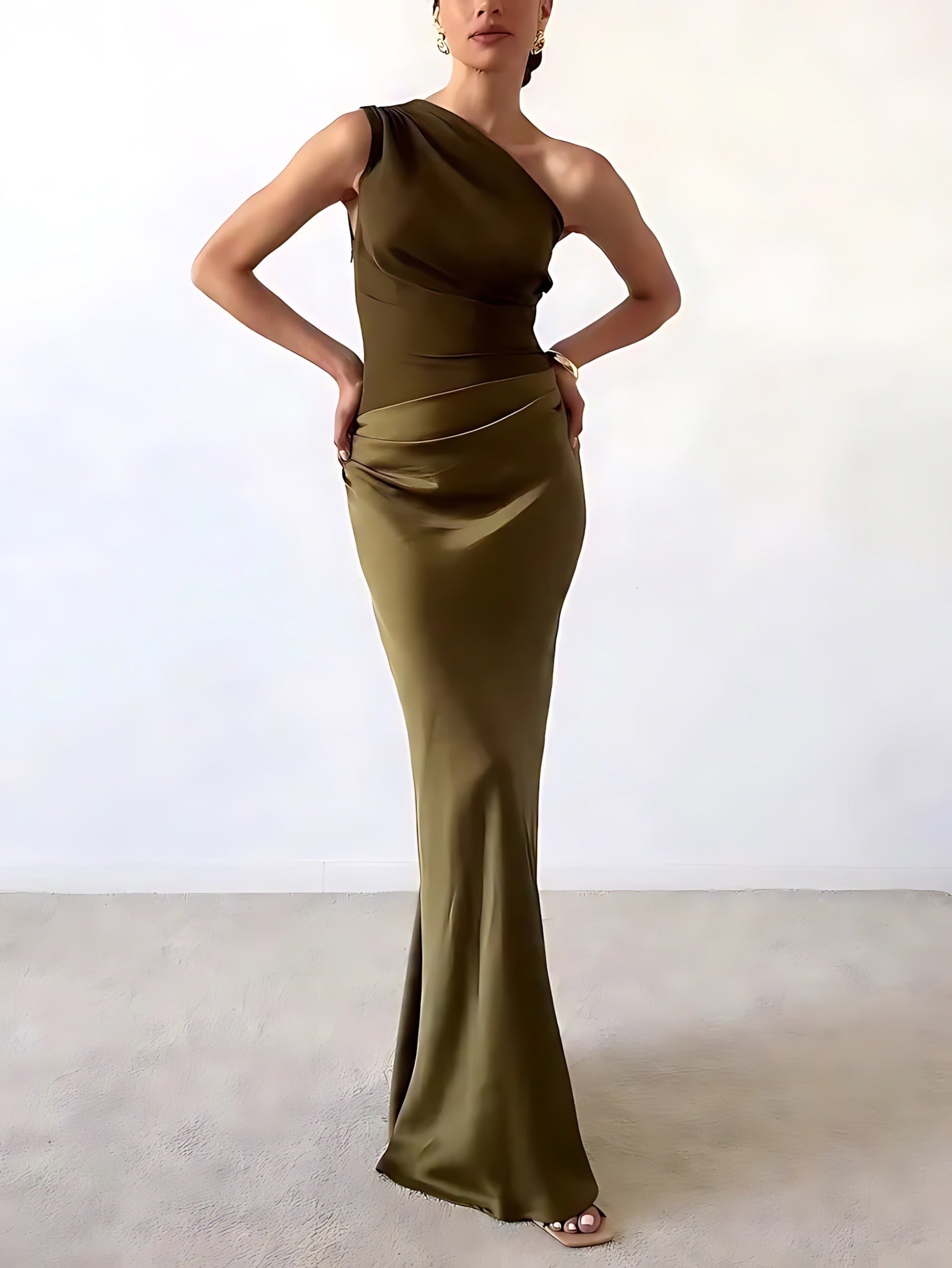 One Shoulder Formal Maxi Dress - Dark Green
