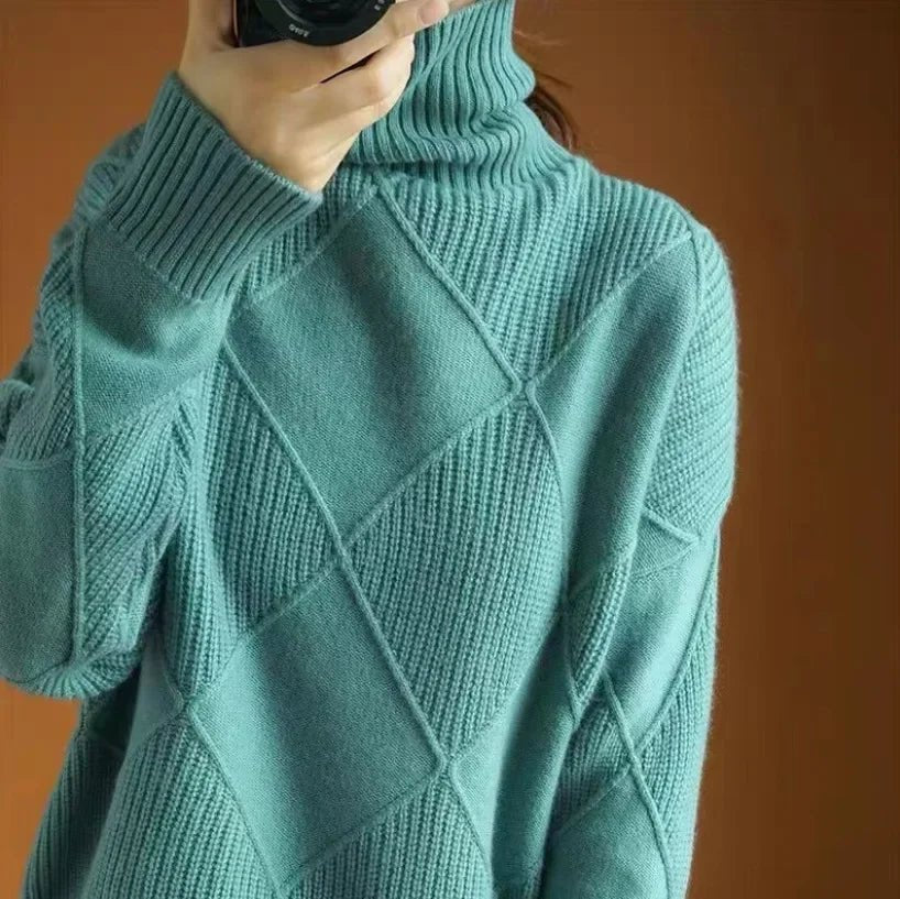 Women's Argyle Cashmere Turtleneck Sweater - Green