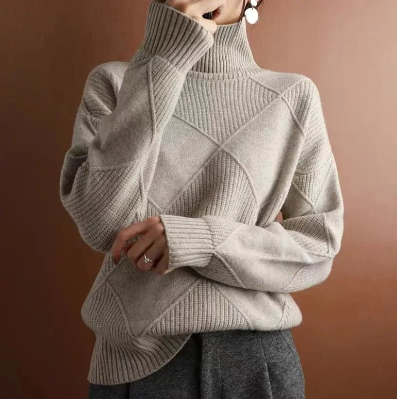 Women's Argyle Cashmere Turtleneck Sweater - Khaki