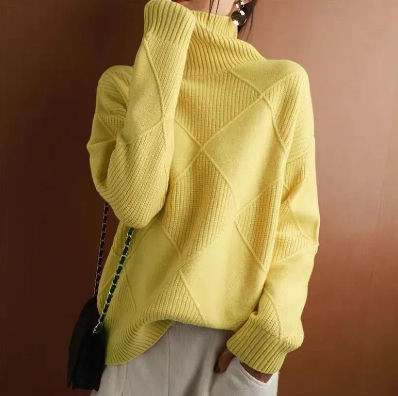 Women's Argyle Cashmere Turtleneck Sweater - Yellow