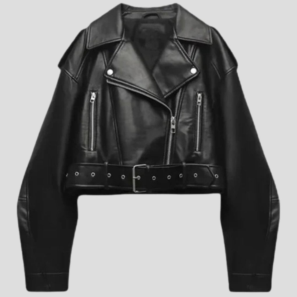 Women's Cropped Faux Leather Moto Jacket - Black