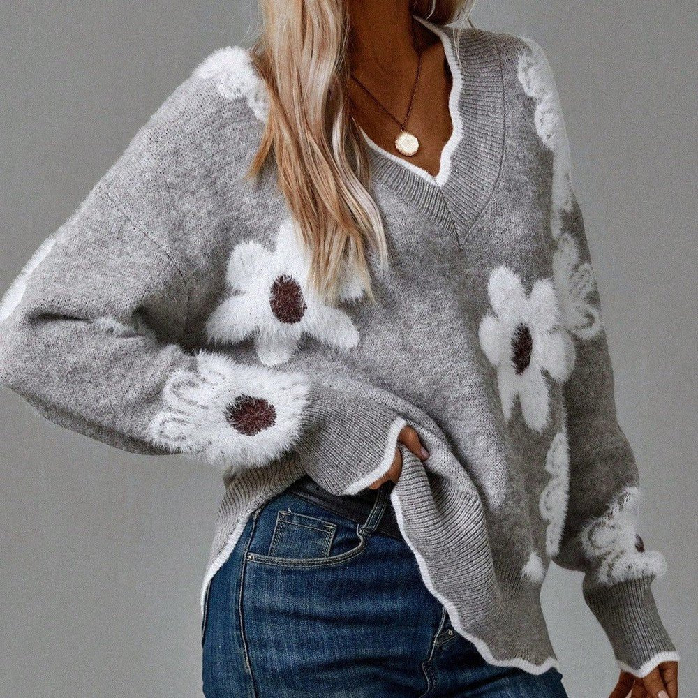 Women's Floral V-Neck Wool Sweater - Gray