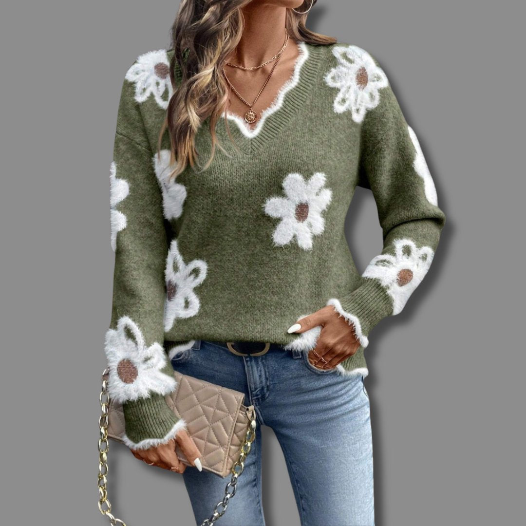Women's Floral V-Neck Wool Sweater - Green
