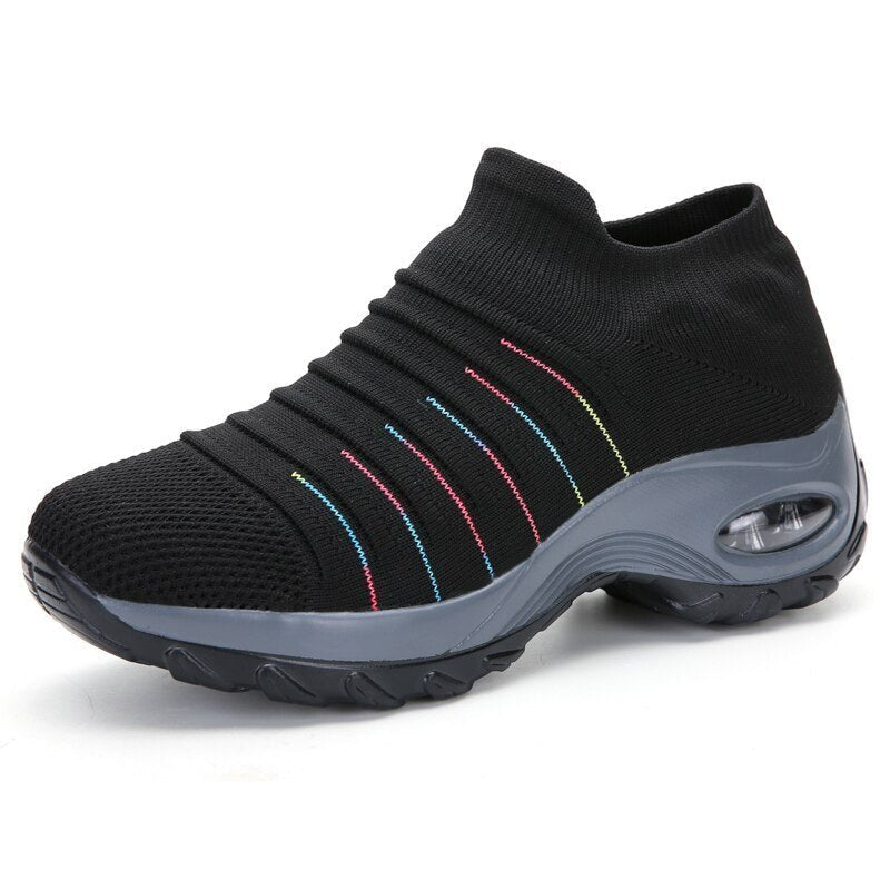 Women's Knit Platform Sneakers - Black (Colored Stripes)