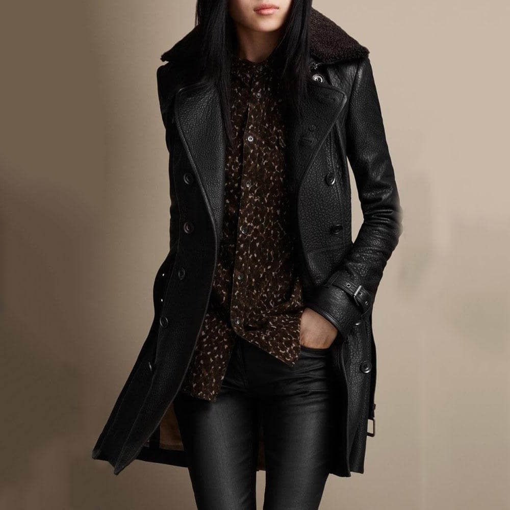 Women's Leather Trench Coat - Black
