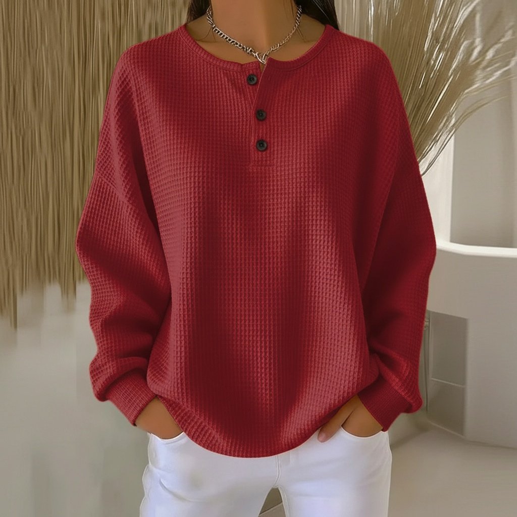 Women's Long Sleeve Oversized Waffle Knit Henley - Red