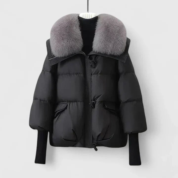 Women's Oversized Fur-Collar Puffer Jacket - Black