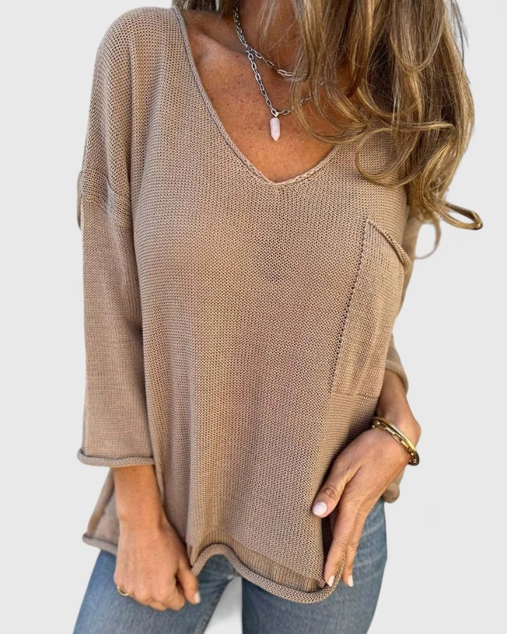 Women's Oversized V-Neck Sweater - Khaki