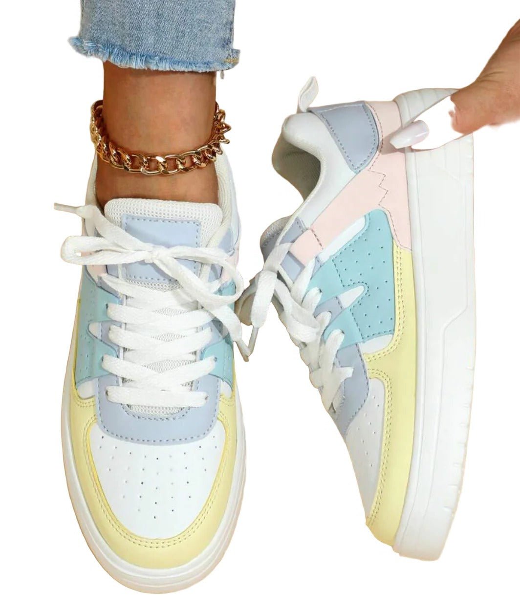 Women's Faux Leather Platform Sneakers - Blue Rainbow