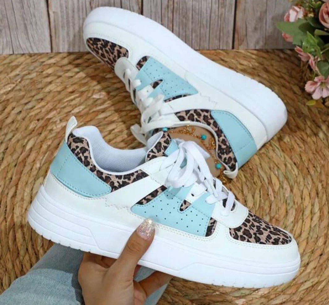 Women's Faux Leather Platform Sneakers - Leo-Turquoise