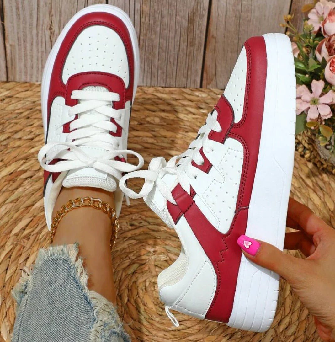 Women's Faux Leather Platform Sneakers - Red