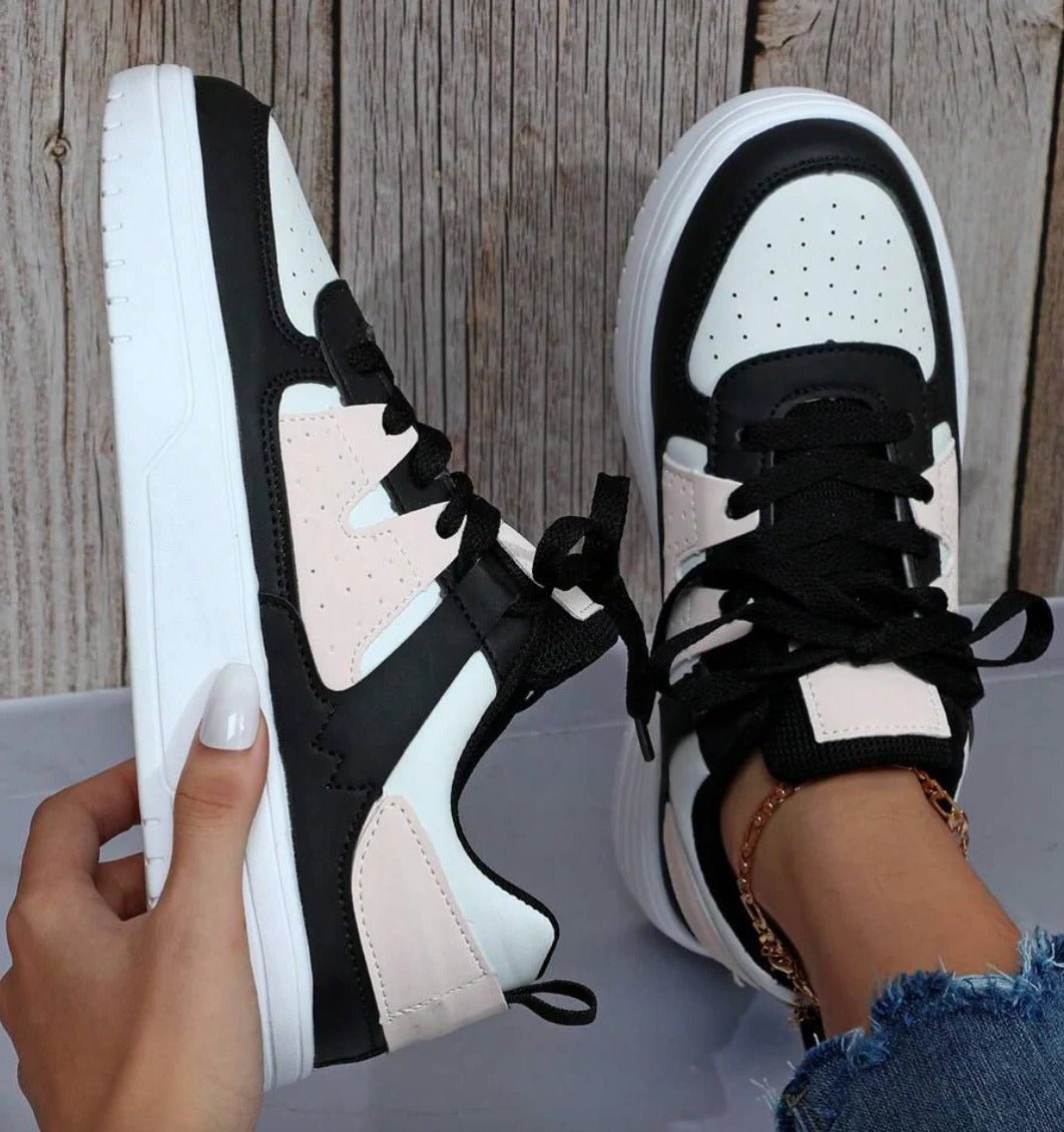 Women's Faux Leather Platform Sneakers - Black-Pink