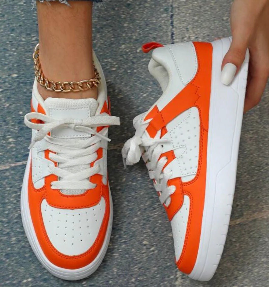 Women's Faux Leather Platform Sneakers - Orange