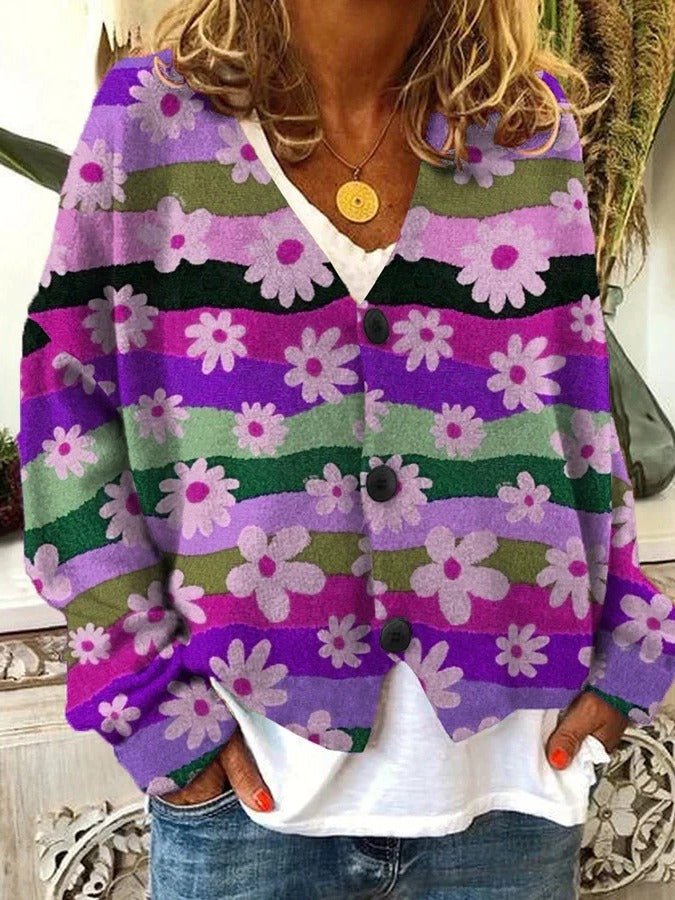 Women's Oversized Floral Cardigan - Purple