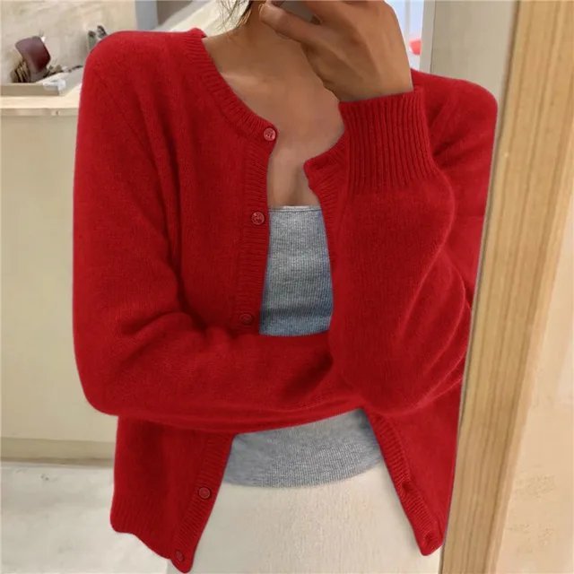 Women's Slim Cropped Knit Cardigan - Red