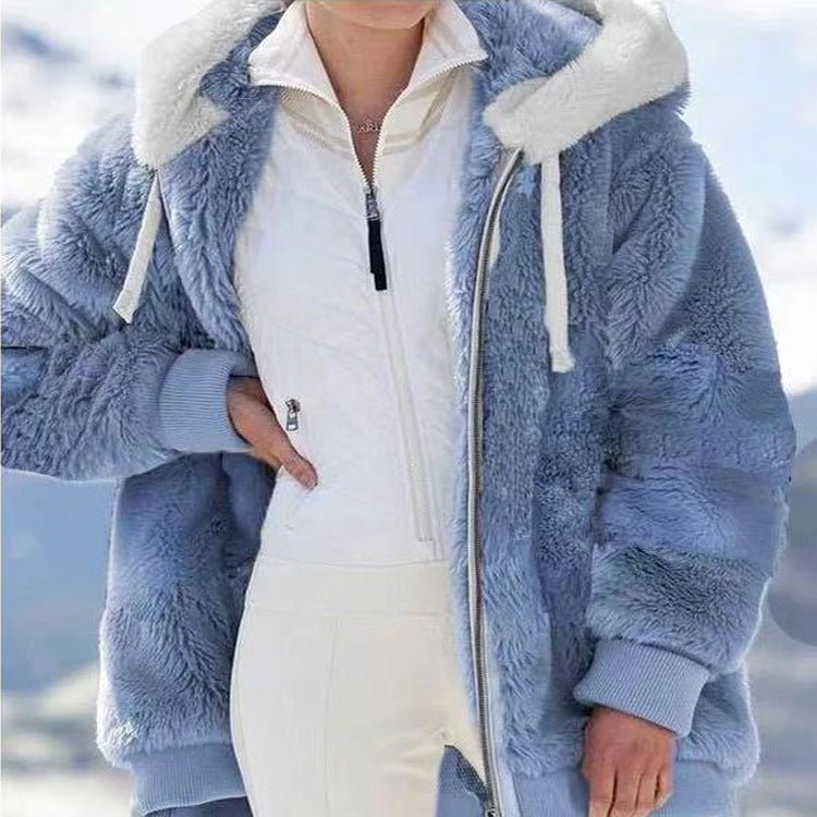 Women's Striped Oversized Hooded Faux Fur Jacket - Blue