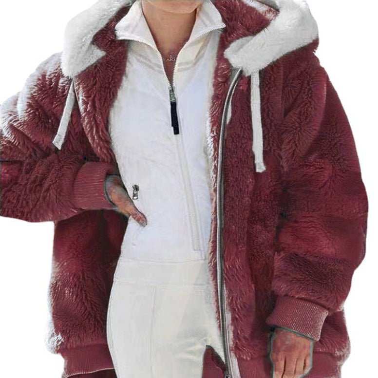 Women's Striped Oversized Hooded Faux Fur Jacket - Red