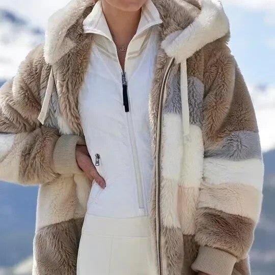Women's Striped Oversized Hooded Faux Fur Jacket