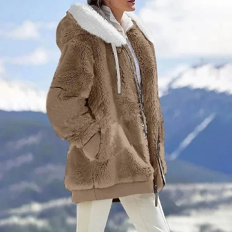 Women's Striped Oversized Hooded Faux Fur Jacket - Brown