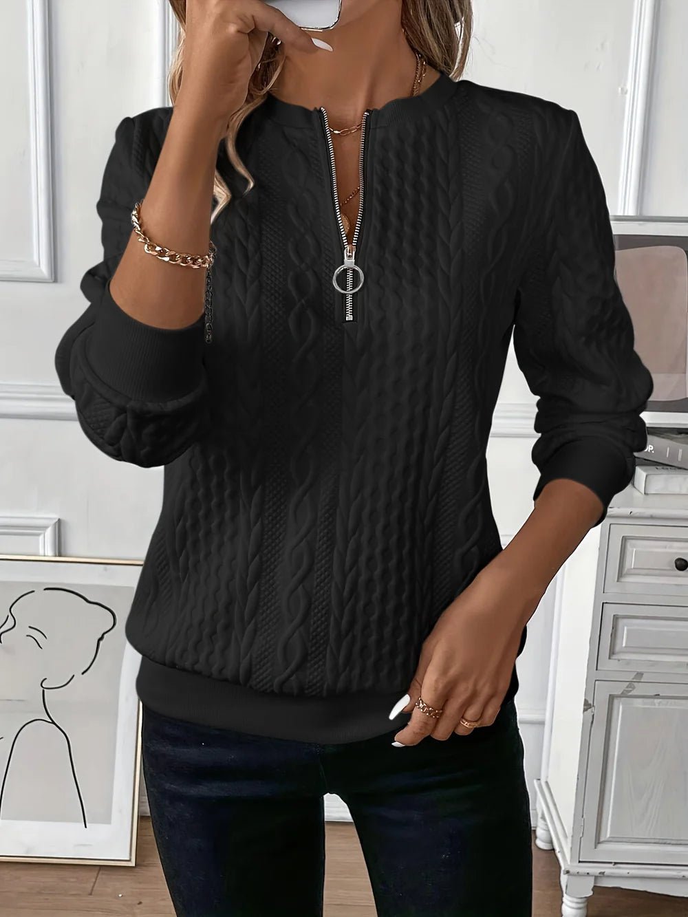 Women's Cable Knit Quarter-Zip Sweater - Black