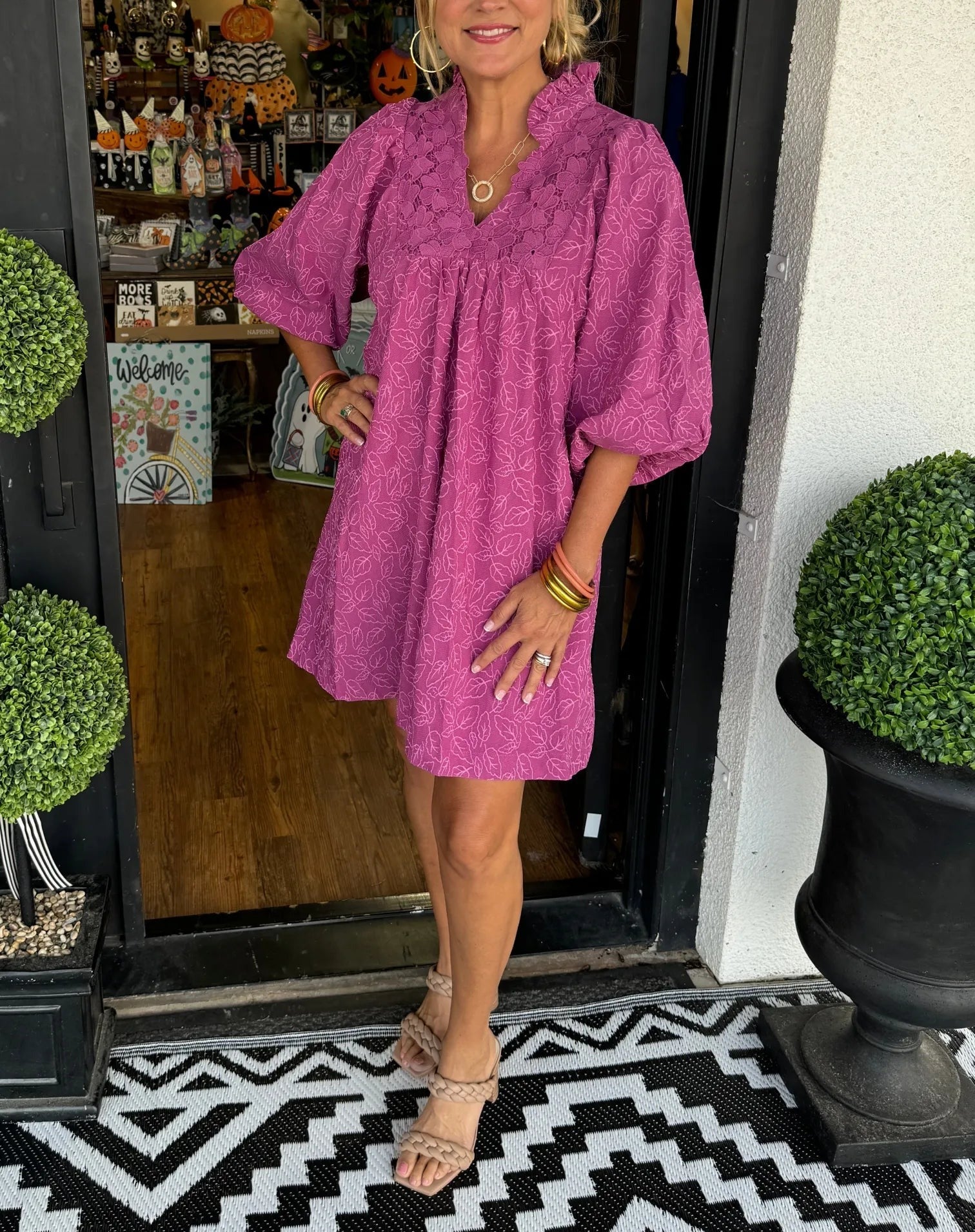 Puff Sleeve Mini Dress - Magenta