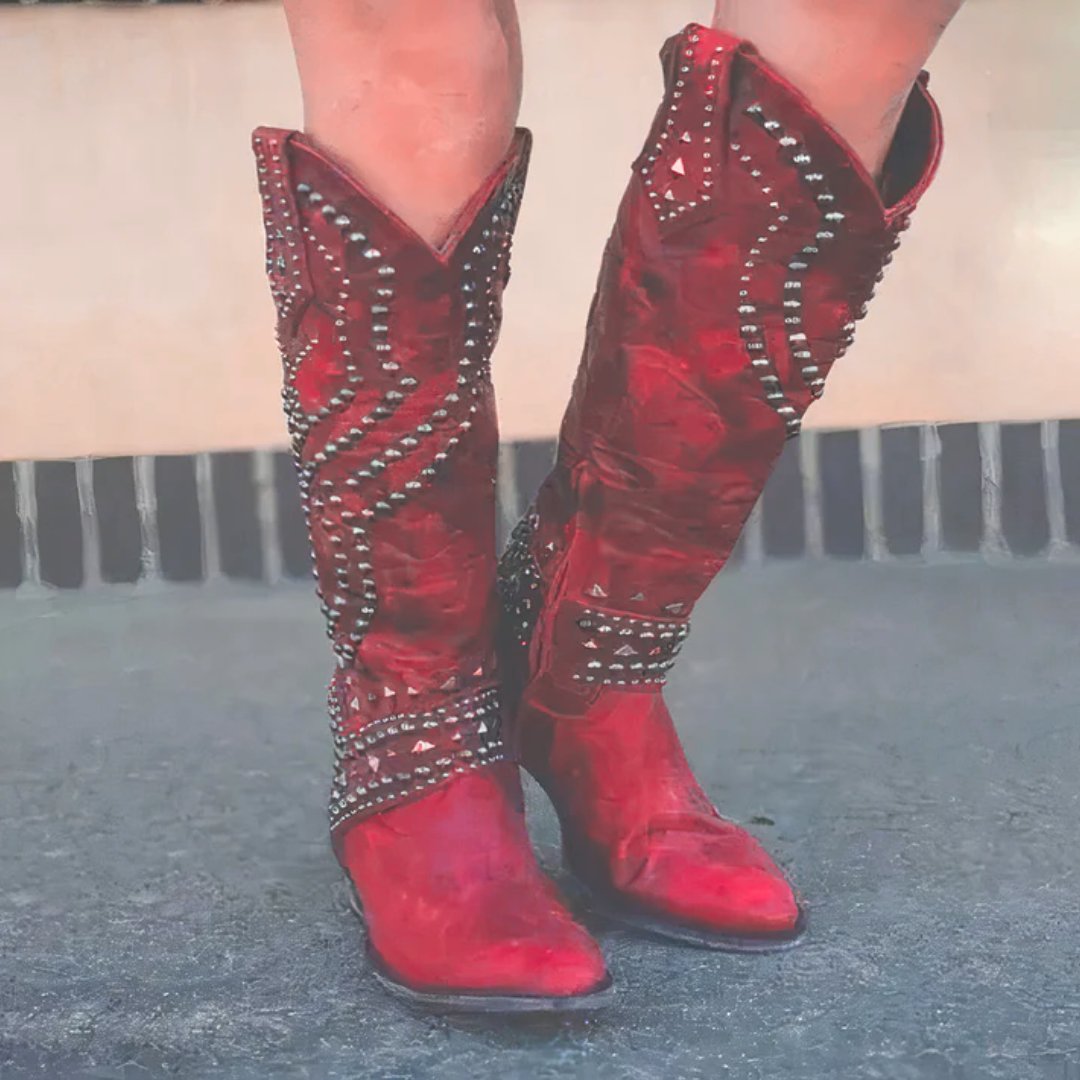 Women's Leather Knee-High Cowboy Boots - Red
