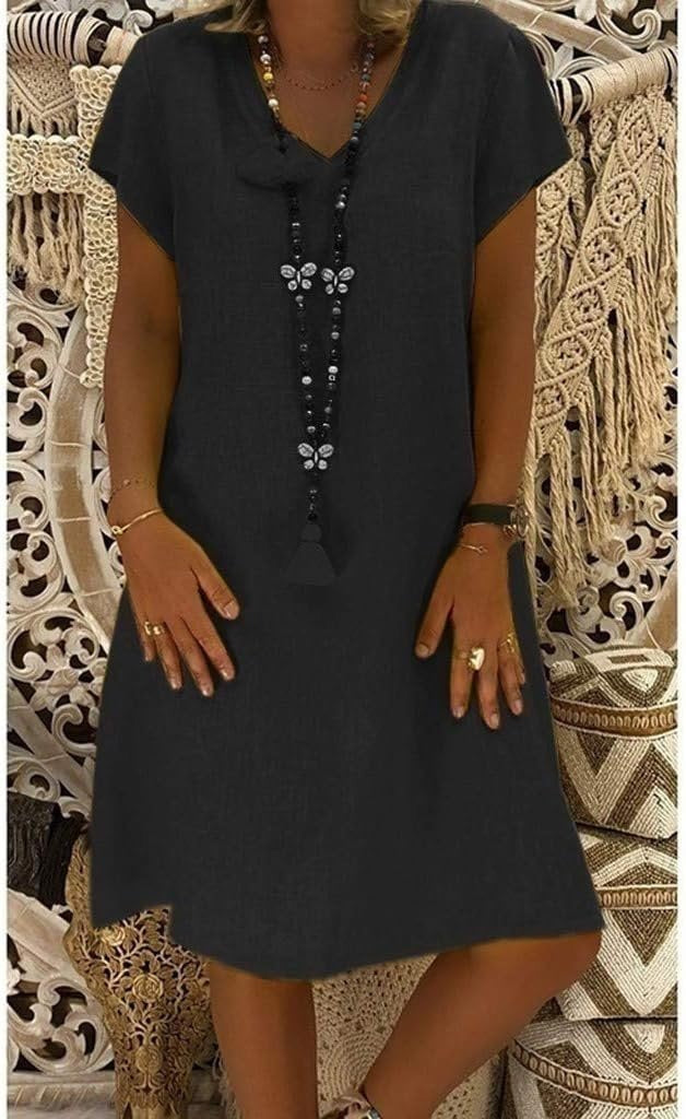 V Neck Shift Dress - Black