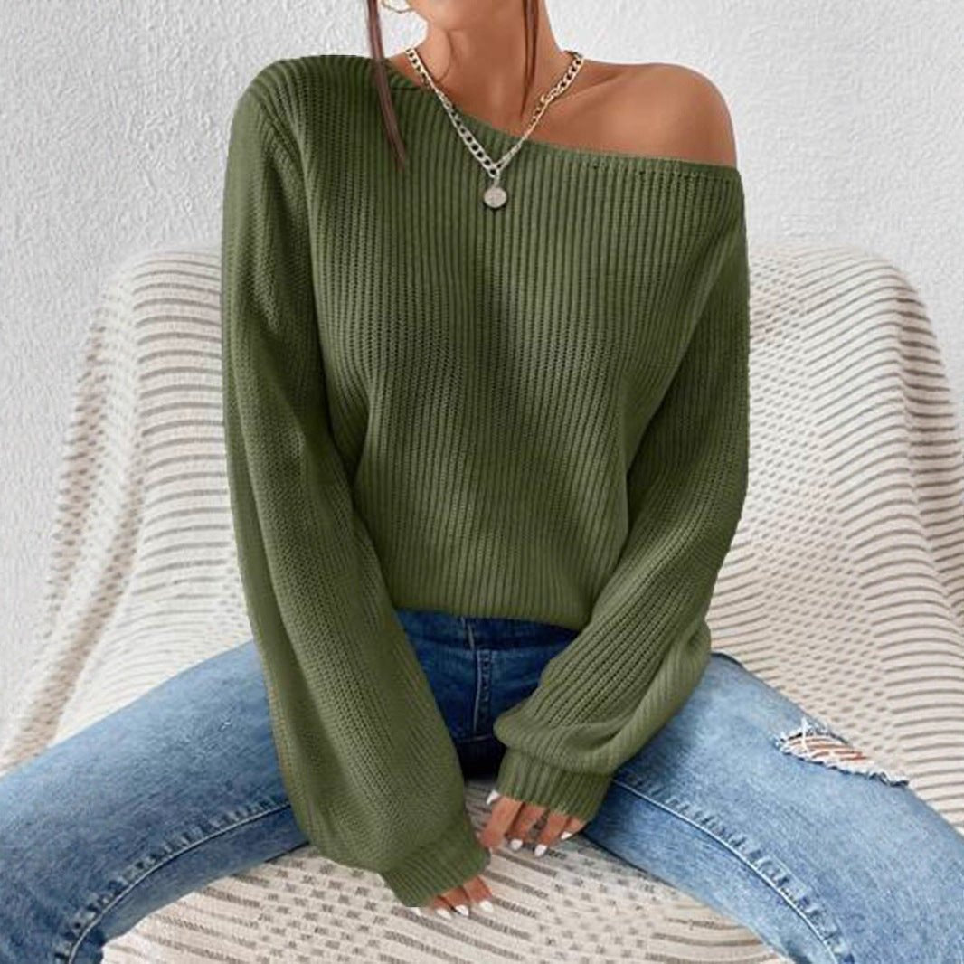 Women's Off-Shoulder Ribbed Sweater - Green